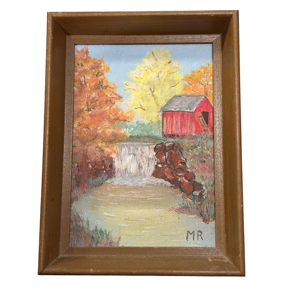Vintage Original Oil Painting Autumn Landscape Red Barn Waterfall Signed MR 5x7